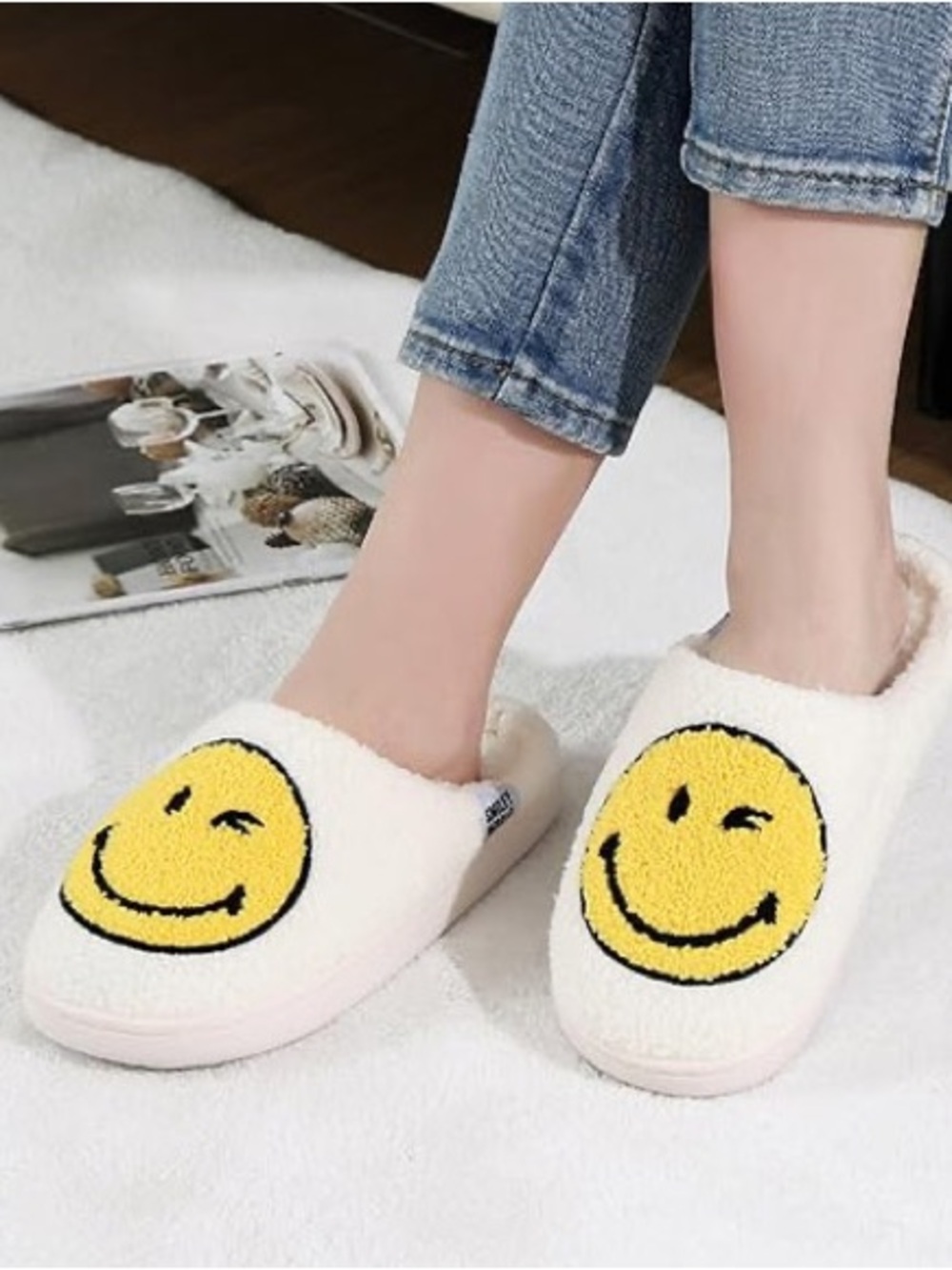 SmileyWorld Cozy Cream Plush Slip-On Slippers with Yellow Smiley Design